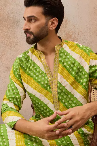 Men's multi viscose rayon printed leheriya kurta with trousers trendy festive & wedding wear