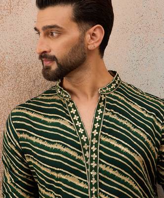 Men's green viscose rayon printed leheriya kurta with trousers – trendy festive & wedding wear 1