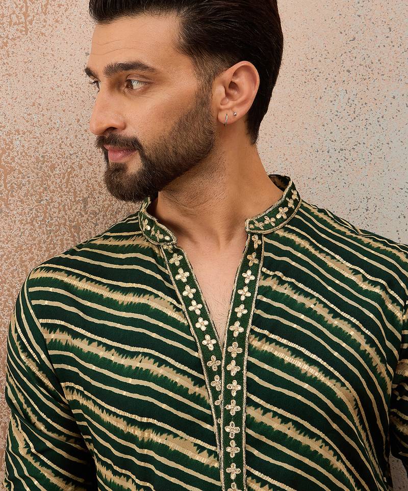 Men's green viscose rayon printed leheriya kurta with trousers – trendy festive & wedding wear