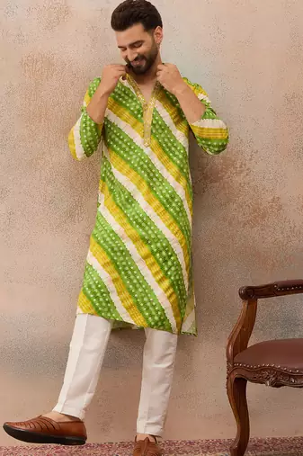Men's multi viscose rayon printed leheriya kurta with trousers trendy festive & wedding wear