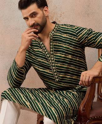 Men's green viscose rayon printed leheriya kurta with trousers – trendy festive & wedding wear 2