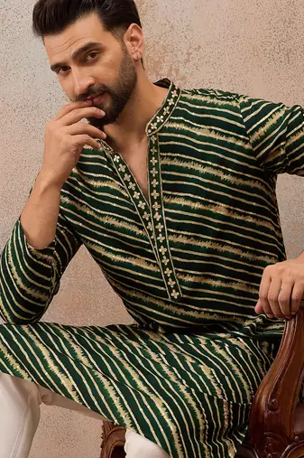 Men's green viscose rayon printed leheriya kurta with trousers trendy festive & wedding wear