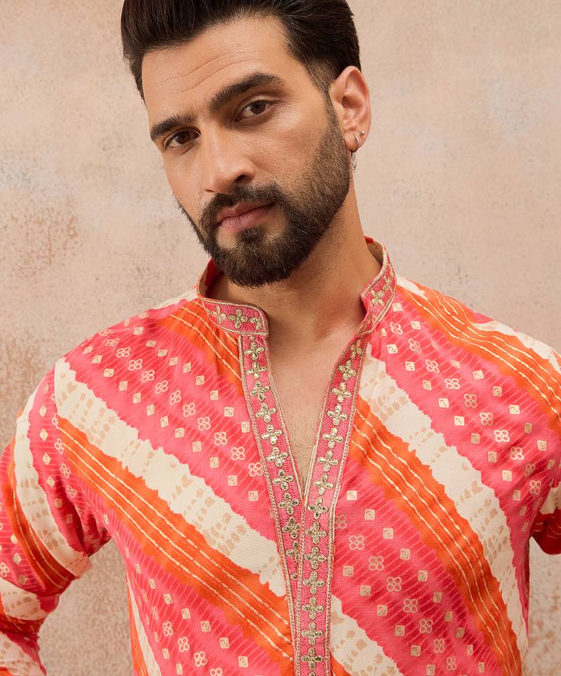 Men's multi viscose rayon printed leheriya kurta with trousers – trendy festive & wedding wear