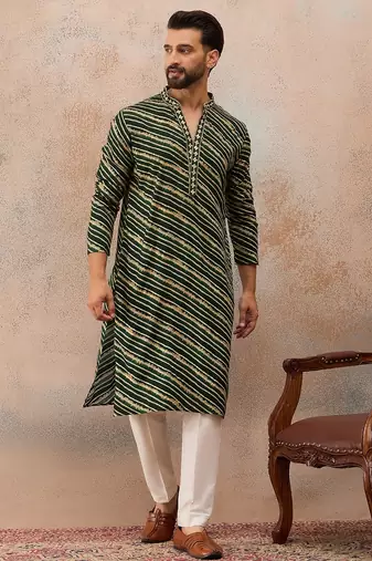 Men's green viscose rayon printed leheriya kurta with trousers trendy festive & wedding wear