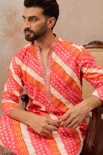 Men's multi viscose rayon printed leheriya kurta with trousers trendy festive & wedding wear