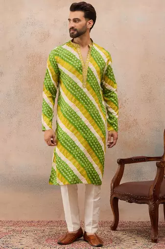 Men's multi viscose rayon printed leheriya kurta with trousers trendy festive & wedding wear