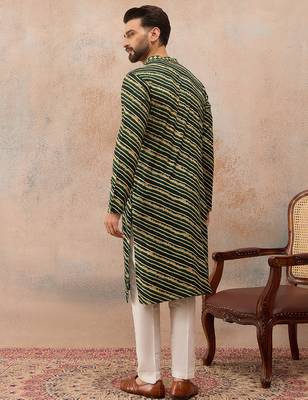 Men's green viscose rayon printed leheriya kurta with trousers – trendy festive & wedding wear 4