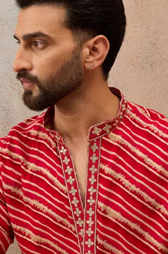 Men's pink viscose rayon printed leheriya kurta with trousers trendy festive & wedding wear
