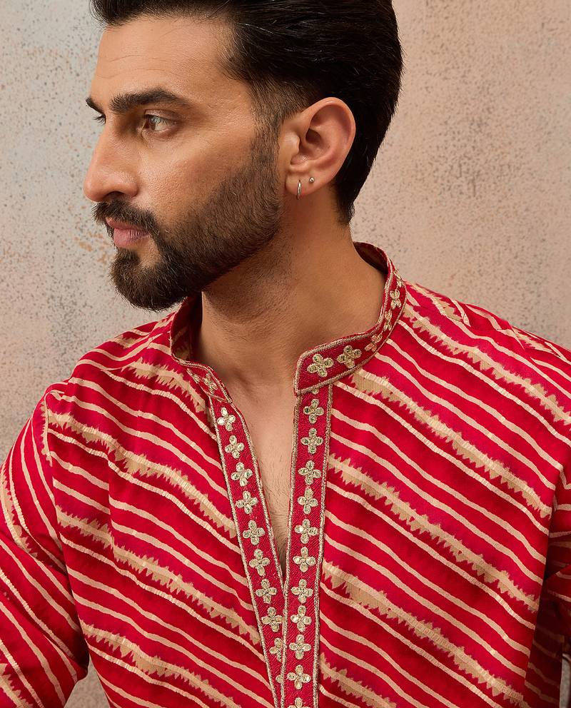 Men's pink viscose rayon printed leheriya kurta with trousers – trendy festive & wedding wear