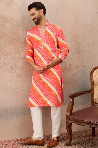 Men's multi viscose rayon printed leheriya kurta with trousers trendy festive & wedding wear