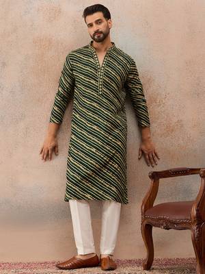 Men's green viscose rayon printed leheriya kurta with trousers – trendy festive & wedding wear 5