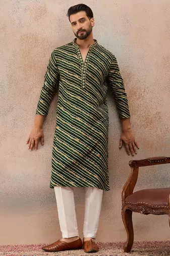 Men's green viscose rayon printed leheriya kurta with trousers trendy festive & wedding wear