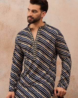 Men's blue viscose rayon printed leheriya kurta with trousers – trendy festive & wedding wear 1
