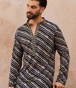 Men's blue viscose rayon printed leheriya kurta with trousers – trendy festive & wedding wear