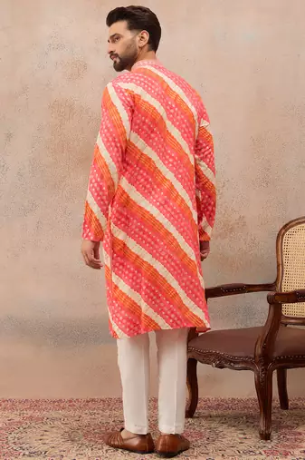 Men's multi viscose rayon printed leheriya kurta with trousers trendy festive & wedding wear
