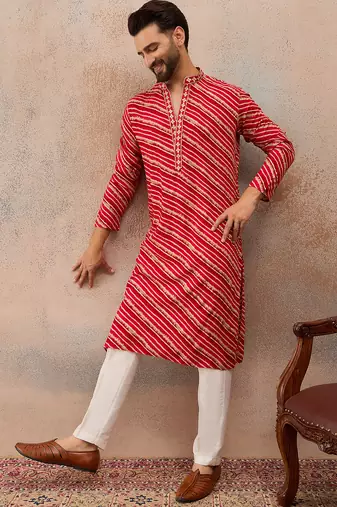 Men's pink viscose rayon printed leheriya kurta with trousers trendy festive & wedding wear