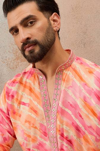 Men's pink viscose rayon printed leheriya kurta with trousers trendy festive & wedding wear