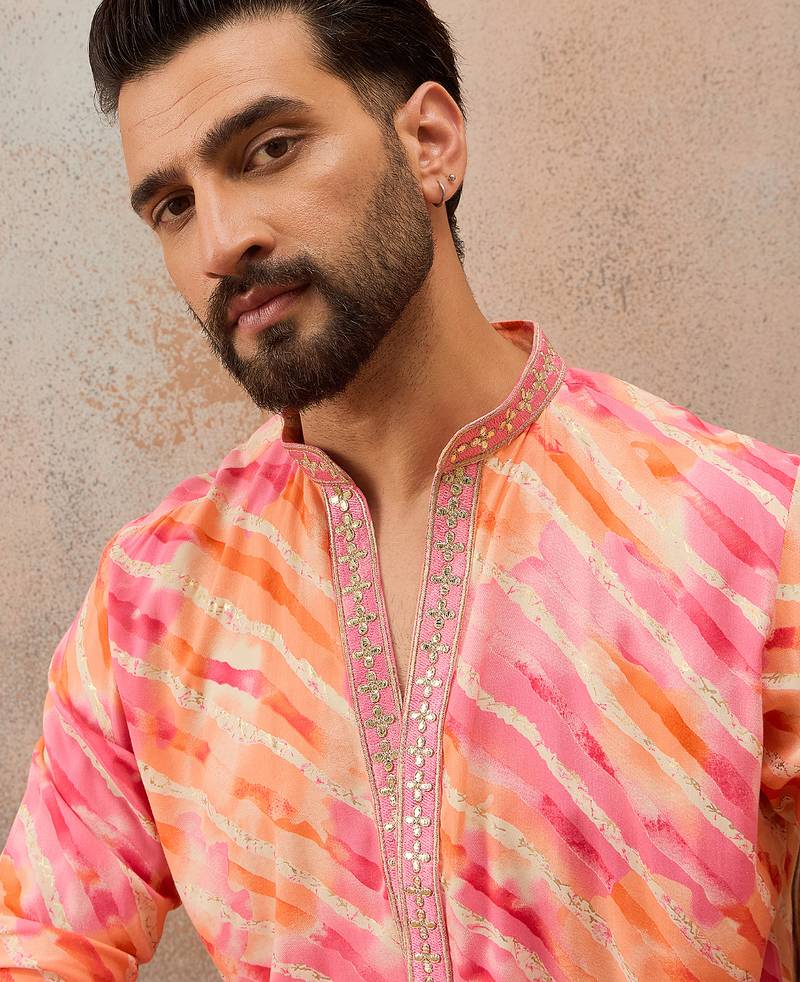 Men's pink viscose rayon printed leheriya kurta with trousers – trendy festive & wedding wear