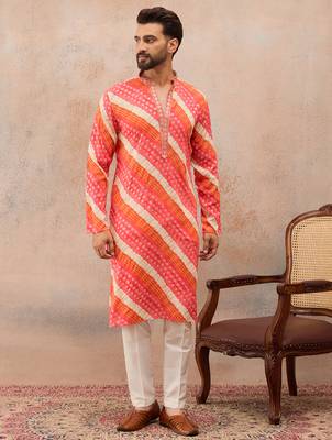 Men's multi viscose rayon printed leheriya kurta with trousers – trendy festive & wedding wear 5
