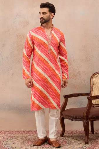 Men's multi viscose rayon printed leheriya kurta with trousers trendy festive & wedding wear