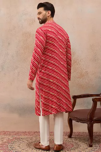 Men's pink viscose rayon printed leheriya kurta with trousers trendy festive & wedding wear
