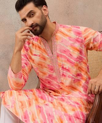 Men's pink viscose rayon printed leheriya kurta with trousers – trendy festive & wedding wear 2