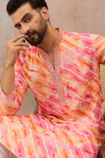 Men's pink viscose rayon printed leheriya kurta with trousers trendy festive & wedding wear