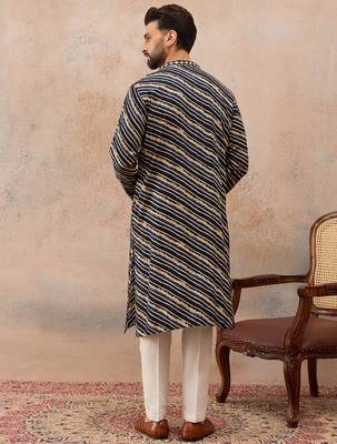 Men's blue viscose rayon printed leheriya kurta with trousers – trendy festive & wedding wear 4
