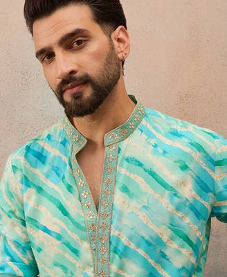 Men's turquoise blue viscose rayon printed leheriya kurta with trousers – trendy festive & wedding wear 1