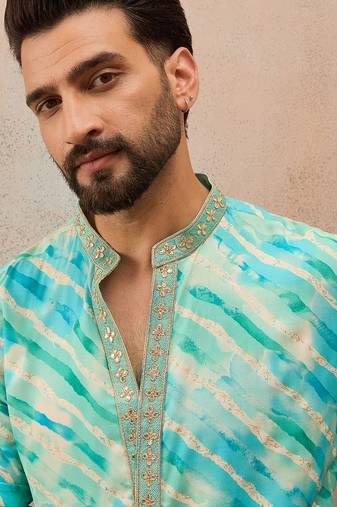 Men's turquoise blue viscose rayon printed leheriya kurta with trousers trendy festive & wedding wear