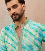 Men's turquoise blue viscose rayon printed leheriya kurta with trousers – trendy festive & wedding wear