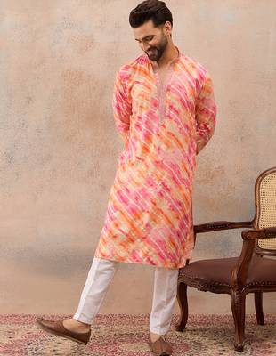 Men's pink viscose rayon printed leheriya kurta with trousers – trendy festive & wedding wear 3