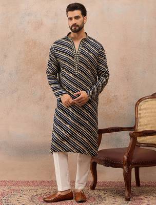 Men's blue viscose rayon printed leheriya kurta with trousers – trendy festive & wedding wear 5