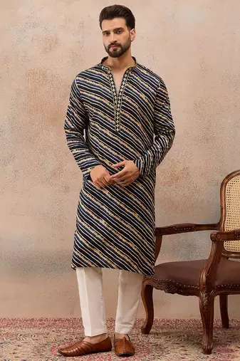 Men's blue viscose rayon printed leheriya kurta with trousers trendy festive & wedding wear