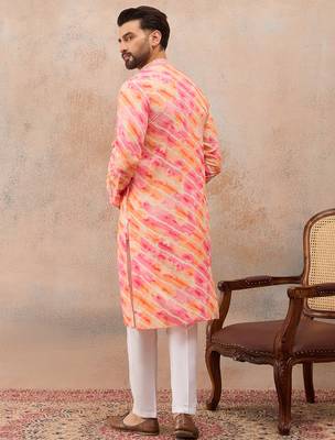 Men's pink viscose rayon printed leheriya kurta with trousers – trendy festive & wedding wear 4