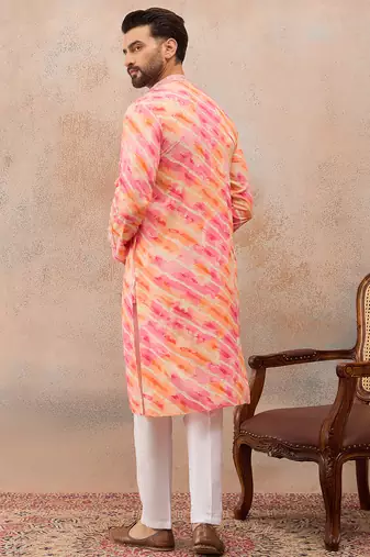 Men's pink viscose rayon printed leheriya kurta with trousers trendy festive & wedding wear