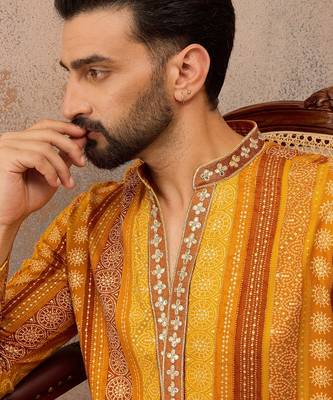 Men's yellow viscose rayon printed bandhani kurta with trousers – trendy festive & wedding wear 1