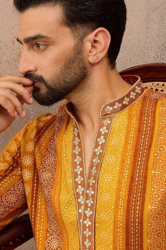 Men's yellow viscose rayon printed bandhani kurta with trousers trendy festive & wedding wear