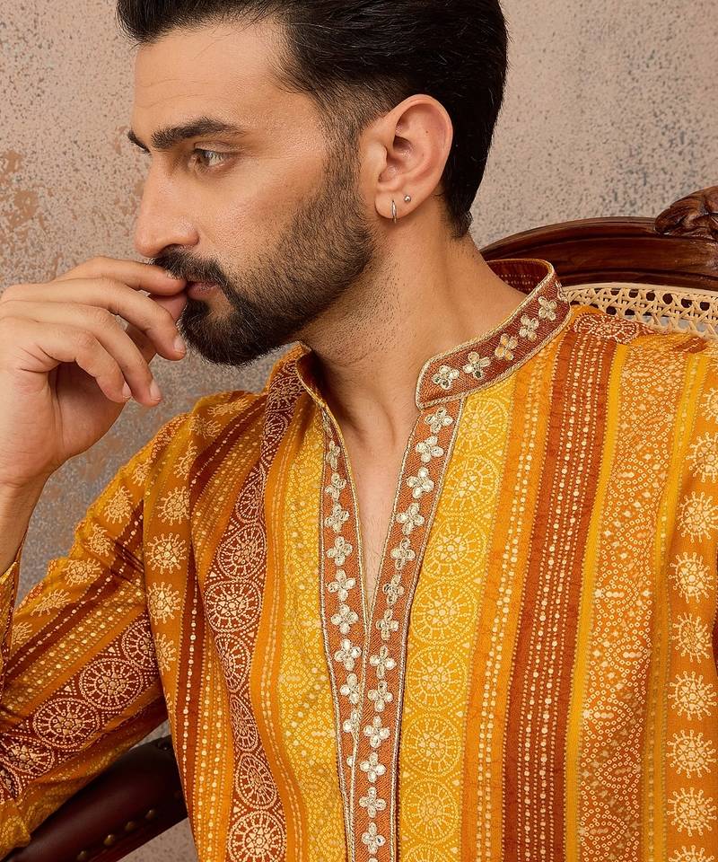 Men's yellow viscose rayon printed bandhani kurta with trousers – trendy festive & wedding wear