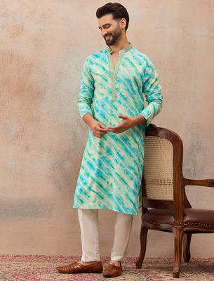 Men's turquoise blue viscose rayon printed leheriya kurta with trousers – trendy festive & wedding wear 3