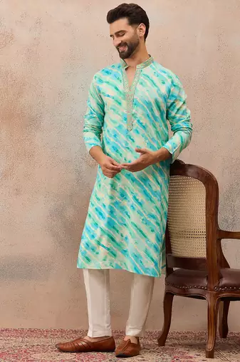 Men's turquoise blue viscose rayon printed leheriya kurta with trousers trendy festive & wedding wear