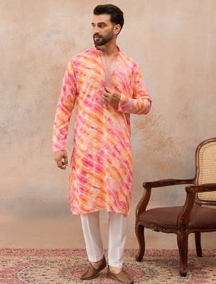 Men's pink viscose rayon printed leheriya kurta with trousers – trendy festive & wedding wear 5