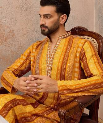 Men's yellow viscose rayon printed bandhani kurta with trousers – trendy festive & wedding wear 2