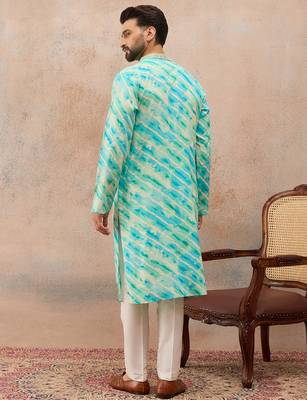 Men's turquoise blue viscose rayon printed leheriya kurta with trousers – trendy festive & wedding wear 4
