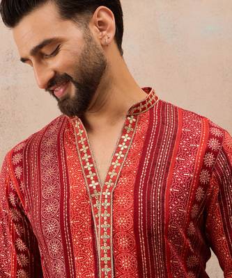 Men's maroon viscose rayon printed bandhani kurta with trousers – trendy festive & wedding wear 1