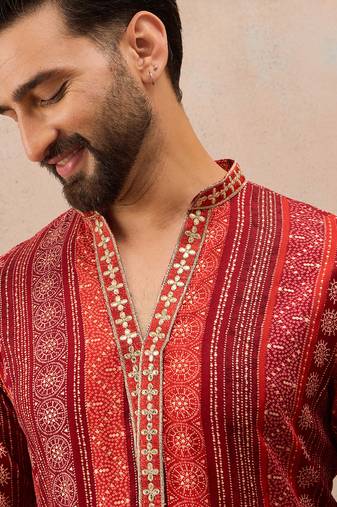 Men's maroon viscose rayon printed bandhani kurta with trousers trendy festive & wedding wear