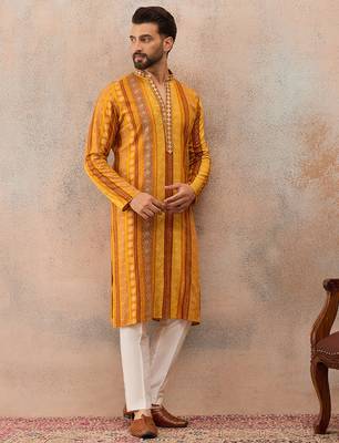 Men's yellow viscose rayon printed bandhani kurta with trousers – trendy festive & wedding wear 3