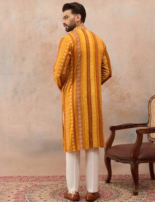 Men's yellow viscose rayon printed bandhani kurta with trousers – trendy festive & wedding wear 4