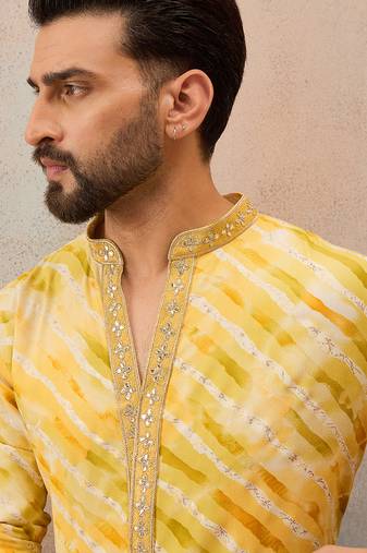 Men's yellow viscose rayon printed leheriya kurta with trousers trendy festive & wedding wear