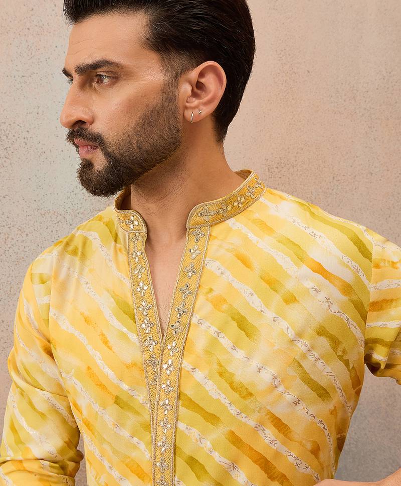 Men's yellow viscose rayon printed leheriya kurta with trousers – trendy festive & wedding wear